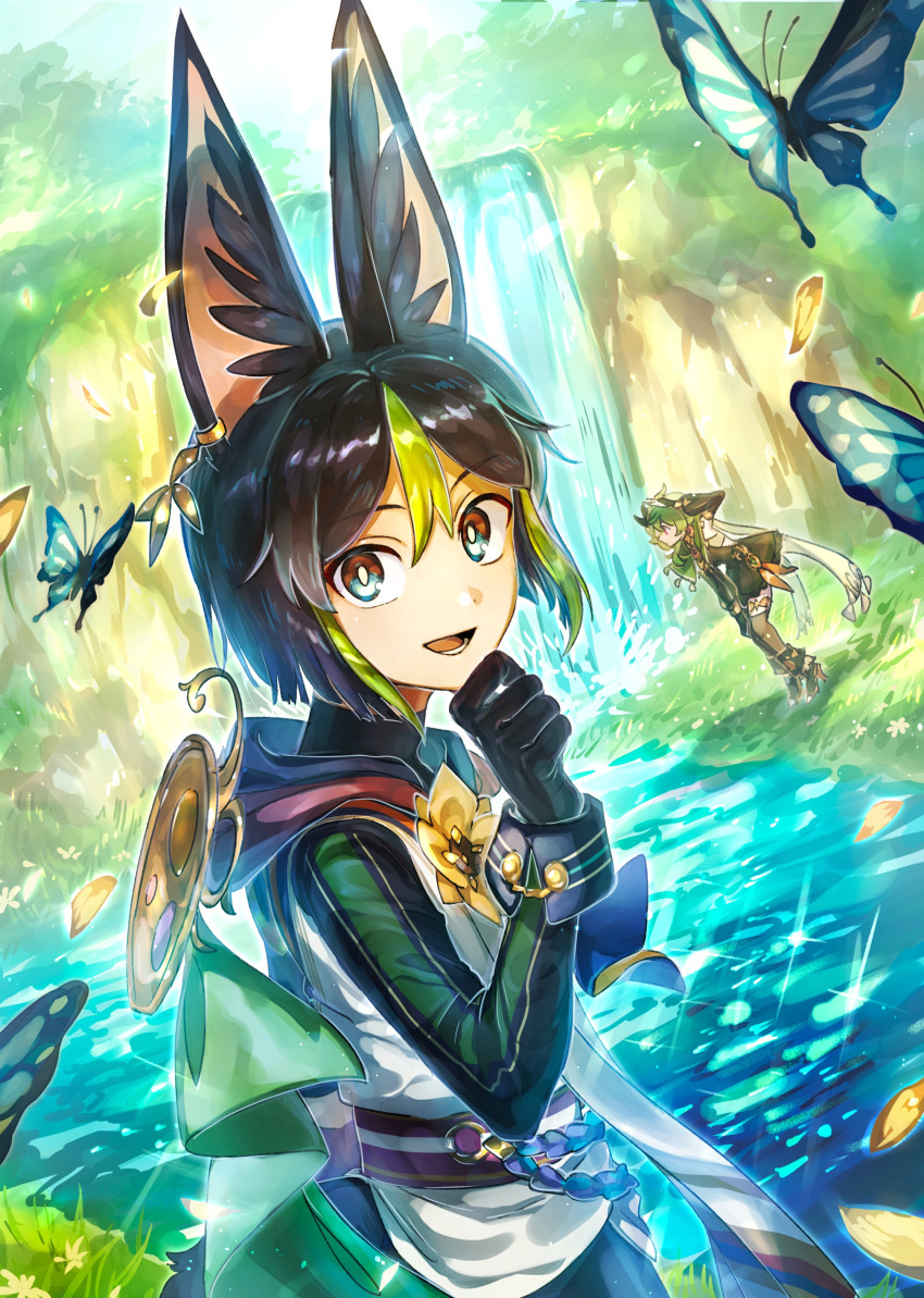 1boy 1girl :d absurdres animal_ear_fluff animal_ears arm_up black_gloves black_hair black_shirt blue_butterfly blunt_ends bright_pupils brown_dress brown_eyes brown_thighhighs bug butterfly cape capelet collei_(genshin_impact) commentary_request day detached_sleeves dress earrings falling_petals flower fox_ears genshin_impact gloves grass green_cape green_capelet green_eyes green_hair hair_between_eyes hand_up highres hood hood_down hoodie jewelry kam_om3 leaning_forward long_sleeves looking_at_viewer lower_teeth_only male_focus multicolored_clothes multicolored_eyes multicolored_hair open_mouth outdoors petals purple_sash rope sash shirt short_hair single_earring smile solo_focus standing streaked_hair teeth thigh-highs tighnari_(genshin_impact) tree turtleneck violet_eyes water waterfall white_cape white_flower white_pupils wrist_cuffs yellow_flower