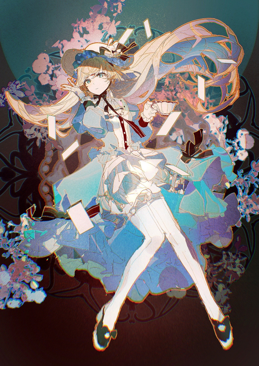 1girl arcaea black_background black_bow black_bowtie black_footwear blonde_hair blue_dress blue_eyes blue_sleeves bow bowtie buttons card closed_mouth collar collared_dress cup dress dress_bow eto_(arcaea) expressionless floating_hair floral_background footwear_bow frilled_dress frilled_gloves frilled_hat frills full_body gloves hand_in_own_hair hat hat_bow highres holding holding_cup juliet_sleeves layered_dress lobelia_(saclia) long_hair long_sleeves looking_at_viewer orange_outline playing_card pleated_dress puffy_sleeves shoes short_dress simple_background solo teacup thigh-highs very_long_hair white_collar white_dress white_gloves white_headwear white_thighhighs