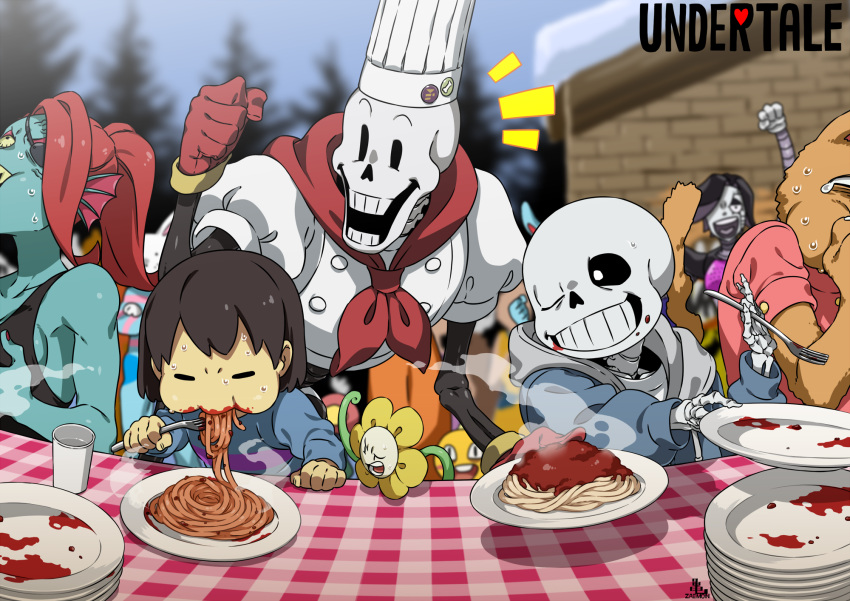 1girl 1other 3boys =_= androgynous black_sclera black_tank_top blue_jacket blue_skin blue_sweater blurry blurry_background brown_hair building bulging_eyes burgerpants cape cel_shading cheering chef_hat child clenched_hand colored_sclera colored_skin commentary copyright_name cup eating eating_contest eyepatch fins flowey_(undertale) food food_on_face fork frisk_(undertale) gloves grin hat head_fins highres holding holding_fork hood hood_down hooded_jacket jacket kamezaemon ketchup long_sleeves mettaton multiple_boys one_eye_closed open_mouth outdoors papyrus_(undertale) pasta pine_tree pink_shirt plate plate_stack ponytail red_cape red_gloves redhead sans shirt short_hair short_sleeves skeleton smile spaghetti steam sweat sweater swept_bangs table tablecloth tank_top tearing_up tree undertale undyne upper_body