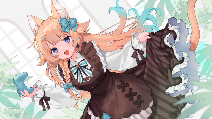 1girl absurdres animal_ear_fluff animal_ears blue_bow blue_eyes bow bowtie braid brown_dress cat_ears cat_girl cat_tail collared_shirt commission controller dress earrings freya_fuyuki frilled_dress frills hair_bow hair_ornament hairclip highres holding holding_controller indie_virtual_youtuber indoors jewelry long_hair long_sleeves open_mouth orange_hair pinafore_dress plant puffy_long_sleeves puffy_sleeves ribbon saku_nosuke second-party_source shirt side_braid sidelocks skeb_commission sleeveless sleeveless_dress solo tail very_long_hair virtual_youtuber white_shirt window