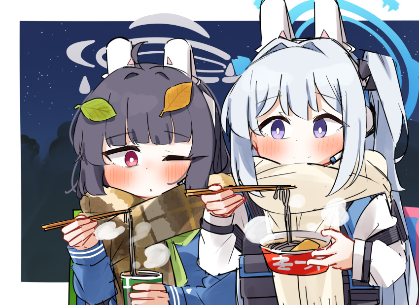 2girls ;o ahoge black_bow black_hair blue_archive blue_shirt blush bow brown_scarf chopsticks closed_mouth comiket_103 commentary_request cup dash_b disposable_cup food green_neckerchief grey_hair hair_bow hair_intakes halo headgear headset highres holding holding_chopsticks holding_cup leaf leaf_on_head long_hair long_sleeves miyako_(blue_archive) miyu_(blue_archive) multiple_girls neckerchief night night_sky noodles one_eye_closed one_side_up parted_lips puffy_long_sleeves puffy_sleeves ramen red_eyes scarf shirt sketch sky smile star_(sky) starry_sky steam upper_body very_long_hair violet_eyes