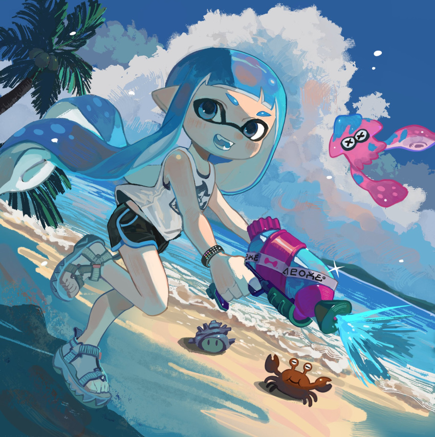1girl bare_shoulders beach black_shorts blue_eyes blue_footwear blue_hair blue_sky blunt_bangs bracelet clouds commentary_request crab day dolphin_shorts dutch_angle fangs from_side full_body highres holding holding_water_gun inkling_girl inkling_player_character jewelry long_hair looking_at_viewer mituhati ocean open_mouth outdoors palm_tree pointy_ears sandals scenery shorts sky smile solo splatoon_(series) squid standing standing_on_one_leg summer tank_top tentacle_hair tree water_gun white_tank_top