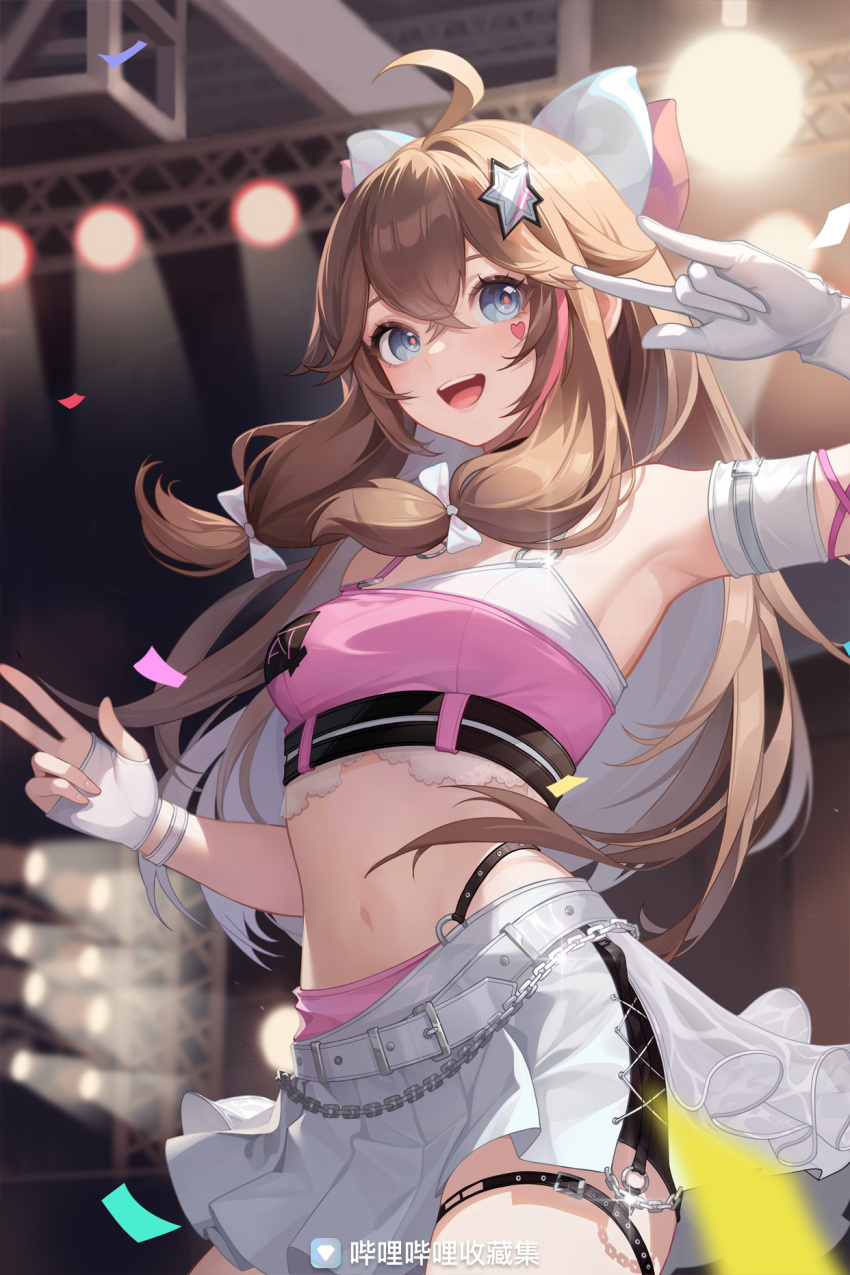 ahoge blue_eyes bow breasts brown_hair diana_(a-soul) hair_between_eyes hair_bow highres long_hair looking_at_viewer low-tied_sidelocks navel non-web_source open_mouth red_bow skirt