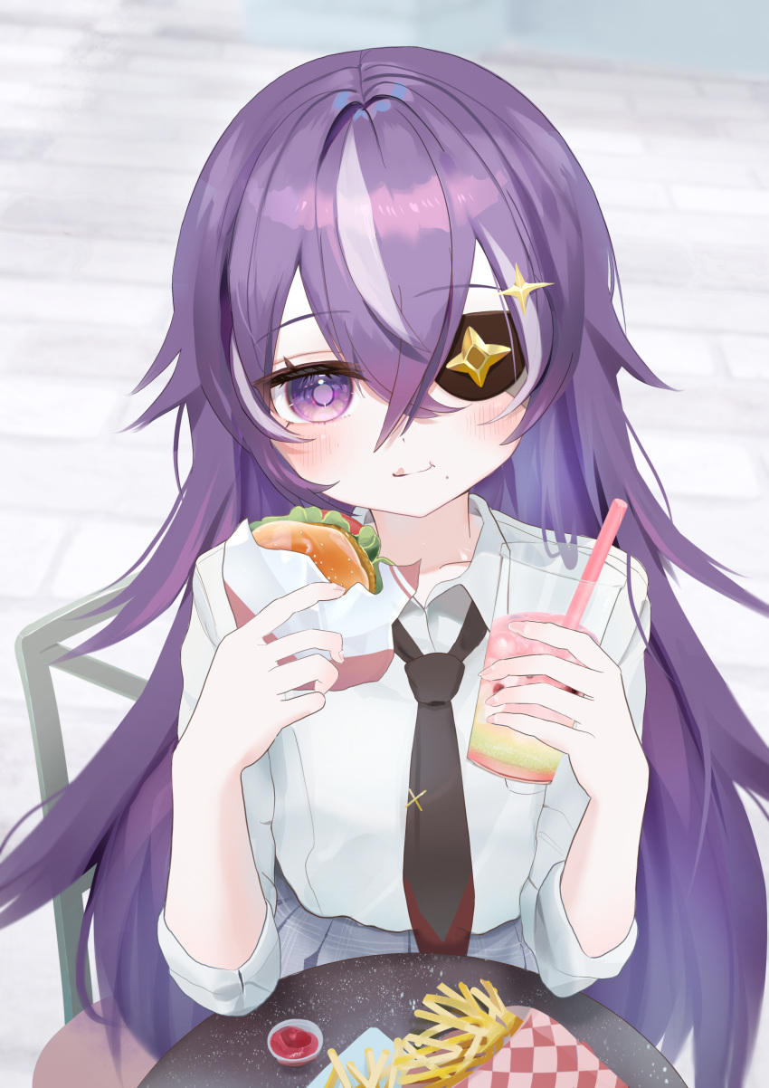 1girl absurdres black_necktie burger chevreuse_(genshin_impact) collared_shirt crossed_bangs cup dress_shirt drink drinking_straw eating elbows_on_table eyepatch fast_food food food_on_face french_fries genshin_impact highres holding holding_cup holding_food ketchup long_hair necktie purple_hair ririnngo_7 shirt sleeves_rolled_up smile solo table violet_eyes white_shirt