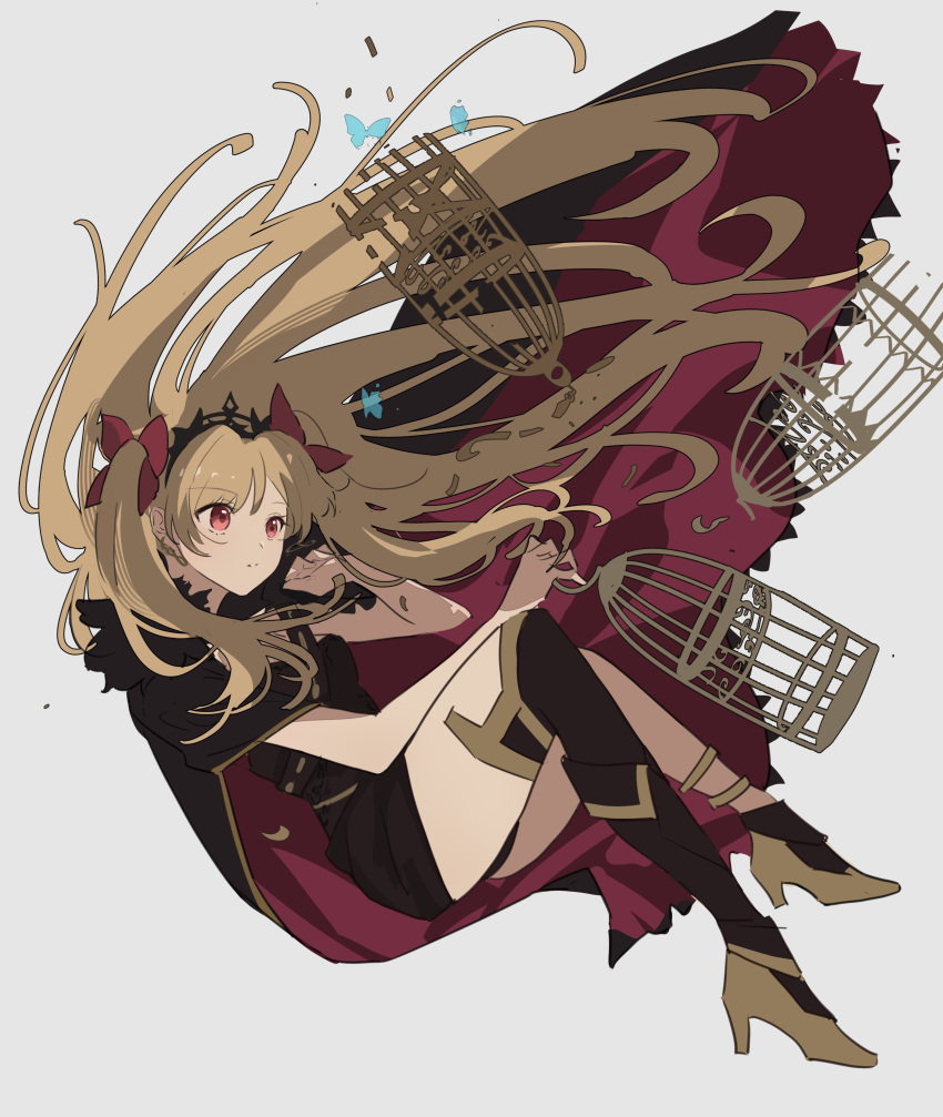 1girl absurdres blonde_hair cage cape earrings ereshkigal_(fate) fate/grand_order fate_(series) fur-trimmed_cape fur_trim grey_background high_heels highres jewelry konikoni1002 long_hair red_eyes single_thighhigh thigh-highs tiara