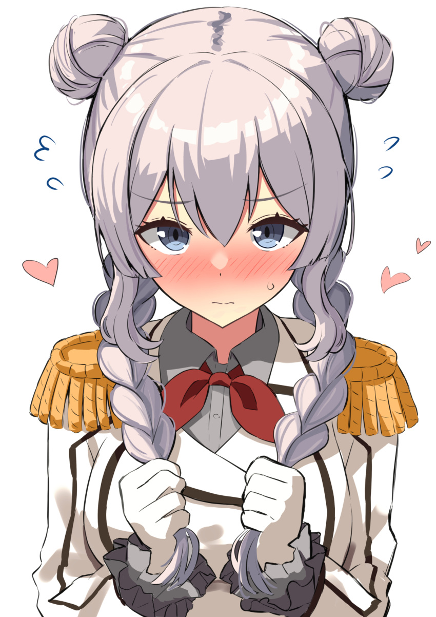 1girl alternate_hairstyle amenocchi beret blue_eyes blush braid closed_mouth double_bun embarrassed epaulettes frilled_sleeves frills gloves grey_hair hair_bun hat heart highres jacket kantai_collection kashima_(kancolle) long_hair long_sleeves looking_at_viewer military_jacket military_uniform neckerchief nose_blush red_neckerchief sidelocks solo twin_braids uniform upper_body wavy_hair white_gloves