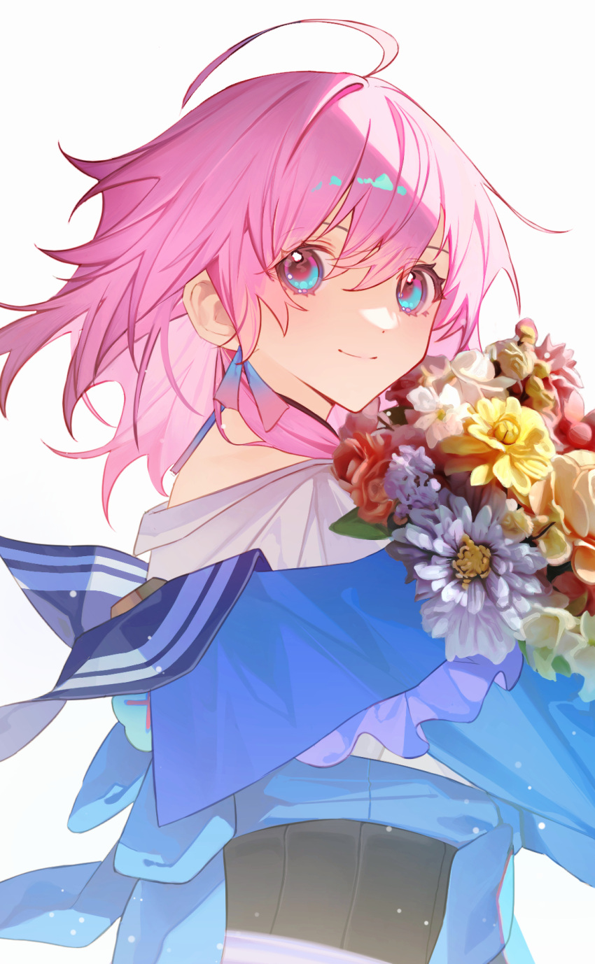 1girl ahoge blue_eyes blue_jacket bouquet closed_mouth commentary earrings flower frills from_side hair_between_eyes highres holding holding_bouquet honkai:_star_rail honkai_(series) jacket jewelry leaf long_sleeves looking_at_viewer march_7th_(honkai:_star_rail) multicolored_eyes orange_flower pink_eyes pink_flower pink_hair purple_flower red_flower red_rose rose shirt short_hair shotgunman simple_background smile solo standing tied_jacket white_background white_flower white_shirt yellow_flower