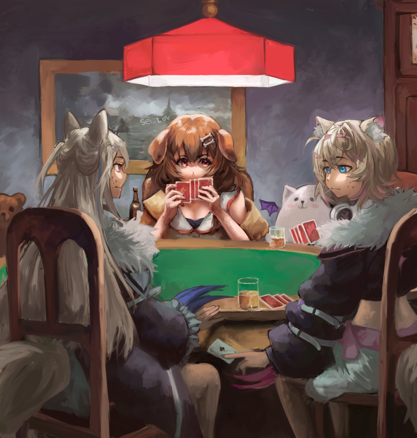 3girls absurdres alcohol animal_ear_fluff animal_ears artist_name beer_bottle belt between_fingers black_jacket blonde_hair blue_eyes blue_hair bone_hair_ornament brown_eyes brown_hair card card_between_fingers ceiling_light claws closed_mouth commentary cropped_jacket demon_wings dog_ears dogs_playing_poker door dress fine_art_parody fur_trim fuwawa_abyssgard fuwawa_abyssgard_(1st_costume) giving glass hair_ornament hand_on_table headphones headphones_around_neck highres holding holding_card hololive inugami_korone inugami_korone_(1st_costume) jacket lamp long_hair looking_at_another looking_to_the_side medium_hair mococo_abyssgard mococo_abyssgard_(1st_costume) multicolored_hair multiple_girls painting_(object) parody perroccino_(fuwamoco) pink_belt pink_eyes pink_hair playing_card poker poker_table seilov4 shorts sitting streaked_hair stuffed_animal stuffed_toy sweatdrop table tail teddy_bear turning_head virtual_youtuber whiskey white_dress white_shorts wings wooden_chair x_hair_ornament yellow_jacket
