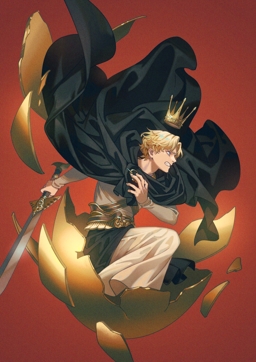 1boy akakokko_(niro_azarashi) black_cape blonde_hair blue_eyes cape character_request crown fingernails floating_cape floating_crown full_body golden_egg hatching highres holding holding_sword holding_weapon long_sleeves looking_ahead male_focus maronie_oukoku_no_shichinin_no_kishi red_background robe short_hair solo sword weapon white_robe