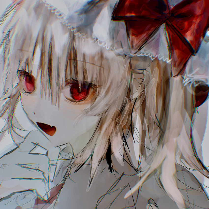 1girl amagi_xx blonde_hair bow flandre_scarlet from_side hat hat_ribbon highres mob_cap open_mouth red_bow red_eyes ribbon sharp_teeth solo teeth touhou upper_teeth_only white_headwear