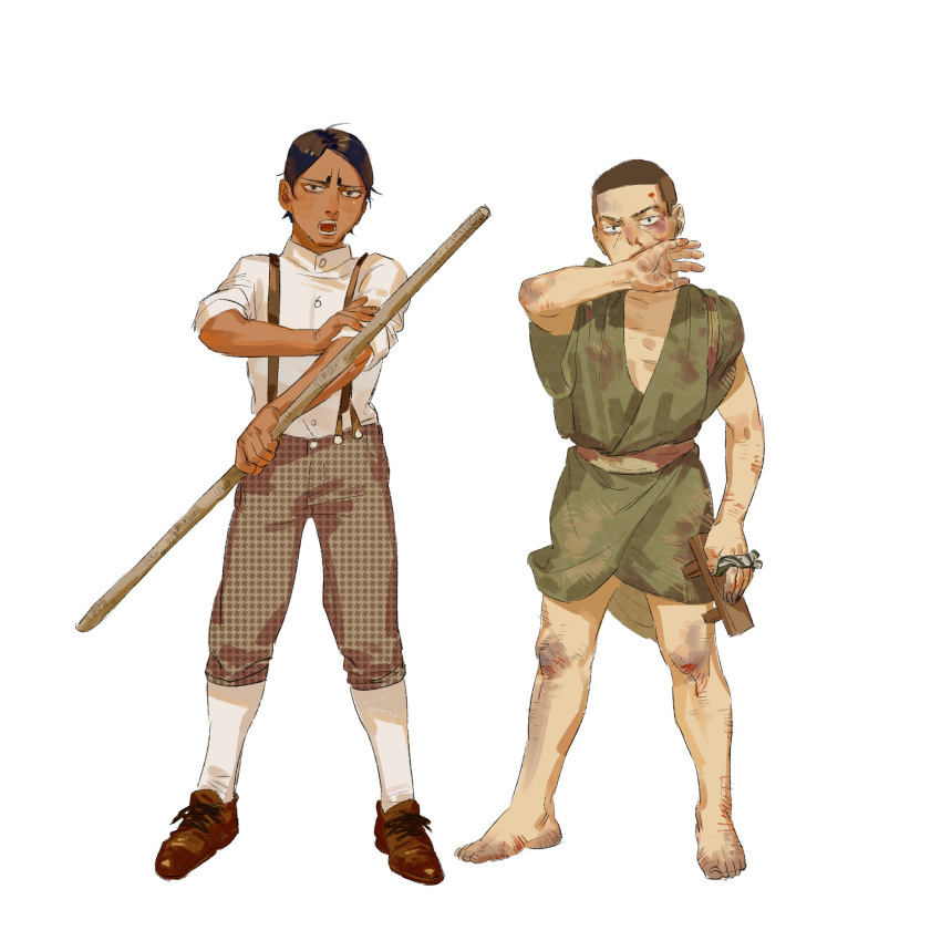 2boys aged_down barefoot bleeding blood blood_on_face blood_on_leg brown_eyes brown_footwear brown_hair brown_pants bruise bruise_on_arm bruise_on_face bruise_on_leg chengongzi123 collared_shirt covering_own_mouth dark-skinned_male dark_skin full_body geta golden_kamuy green_eyes green_kimono hand_over_own_mouth hands_up highres holding holding_clothes holding_footwear injury japanese_clothes kimono koito_otonoshin looking_at_viewer male_focus multiple_boys open_mouth pants shirt shoes short_hair short_sleeves simple_background standing suspenders tsukishima_hajime unworn_footwear very_short_hair white_background wide_sleeves