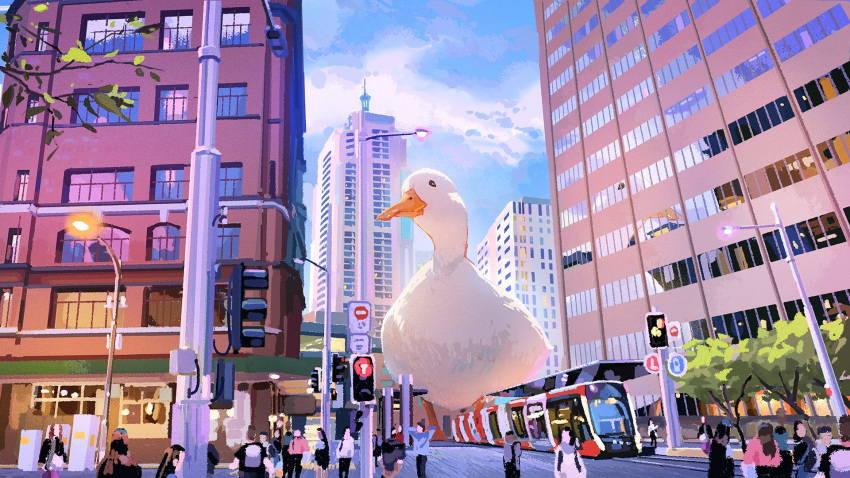 animal bird blue_sky building city clouds crowd duck highres lamppost orenji_(orenjikunart) original outdoors oversized_animal road_sign sign sky skyscraper traffic_light train tree window