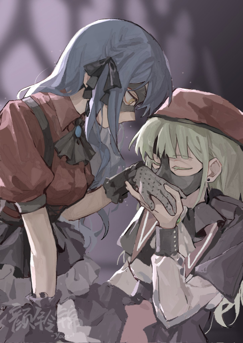 2girls ascot bang_dream! bang_dream!_it's_mygo!!!!! black_ascot black_dress black_gloves black_mask black_ribbon black_skirt blue_brooch blue_hair blurry blurry_background bright_pupils chinese_commentary closed_eyes collared_shirt commentary_request domino_mask dress earrings frilled_dress frills gloves green_hair hair_ribbon highres holding_hands jewelry kiss kissing_hand long_hair looking_at_another mask multiple_girls puffy_short_sleeves puffy_sleeves red_headwear red_shirt ribbon shirt short_sleeves skirt stud_earrings togawa_sakiko twintails wakaba_mutsumi white_pupils yanlingjinshilihuahua yellow_eyes yuri