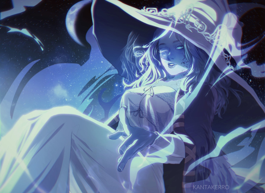 1girl artist_name blue_eyes blue_hair blue_lips blue_skin cloak colored_skin cracked_skin elden_ring glowing glowing_eyes hat highres kantakerro large_hat long_hair night night_sky one_eye_closed outdoors parted_lips ranni_the_witch sky solo spirit star_(sky) teeth witch_hat