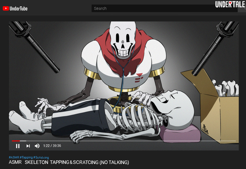 2boys asmr black_shorts bone box brothers cape cardboard_box cel_shading closed_eyes copyright_name cushion fake_screenshot film_grain from_side grin highres kamezaemon lying male_focus microphone multiple_boys on_back papyrus_(undertale) pause_button red_cape ribs sans search_bar shorts siblings skeleton smile socks solid_oval_eyes undertale user_interface white_socks youtube