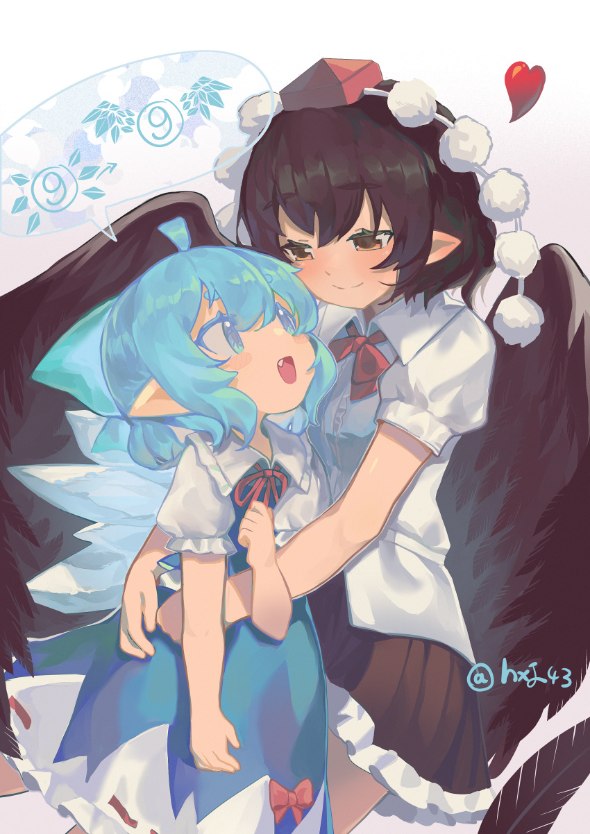 2girls :d absurdres ahoge arm_at_side bird_wings black_hair black_skirt black_wings blouse blue_bow blue_dress blue_eyes blue_hair blush blush_stickers bob_cut bow bowtie brown_eyes center_frills cirno closed_mouth collared_shirt colored_eyelashes couple cowboy_shot dress eye_contact eyebrows_hidden_by_hair fang feathered_wings feathers film_grain frilled_shirt frilled_shirt_collar frilled_skirt frilled_sleeves frills from_side gradient_background hair_between_eyes hair_bow hand_on_another's_hip hand_up hat heart height_difference highres hug hxj_(2324184595) ice ice_wings large_bow locked_arms looking_at_another looking_up miniskirt multiple_girls narrowed_eyes neck_ribbon open_mouth pleated_skirt pointy_ears pom_pom_(clothes) puffy_short_sleeves puffy_sleeves purple_background red_bow red_bowtie red_headwear red_ribbon ribbon ribbon_trim shameimaru_aya shirt short_eyebrows short_hair short_sleeves skirt smile speech_bubble split_mouth standing thick_eyebrows thick_eyelashes tokin_hat touhou twitter_username waist_hug white_shirt wing_collar wings yuri