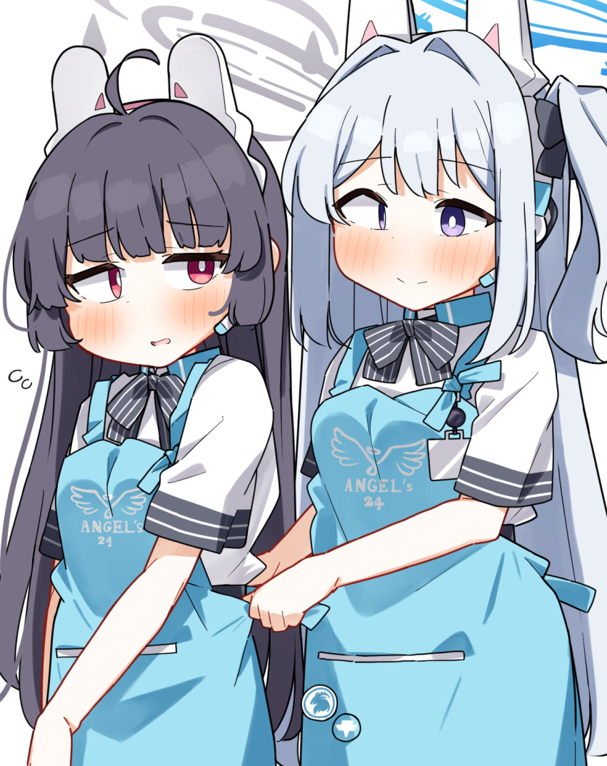 2girls ahoge angel's_24_uniform_(blue_archive) apron black_bow black_hair blue_apron blue_archive blush bow closed_mouth collared_shirt commentary_request dash_b employee_uniform flying_sweatdrops grey_hair hair_bow hair_intakes halo headgear highres long_hair miyako_(blue_archive) miyu_(blue_archive) multiple_girls one_side_up parted_lips red_eyes shirt short_sleeves simple_background smile striped_bow uniform very_long_hair violet_eyes white_background white_shirt