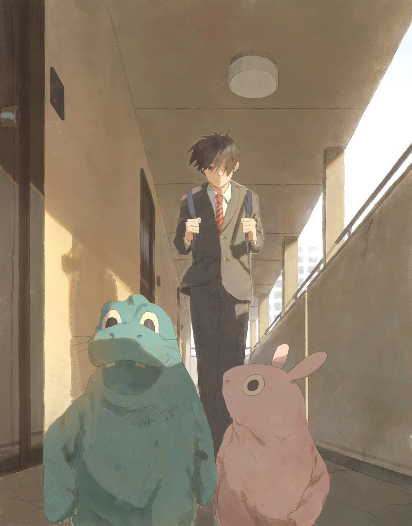 1boy apartment backpack bag black_hair black_pants black_suit closed_mouth creature day highres holding_strap kusamie long_sleeves looking_at_viewer male_focus necktie original pants rabbit railing red_necktie school_uniform shade shadow short_hair solo standing striped_necktie suit sunlight