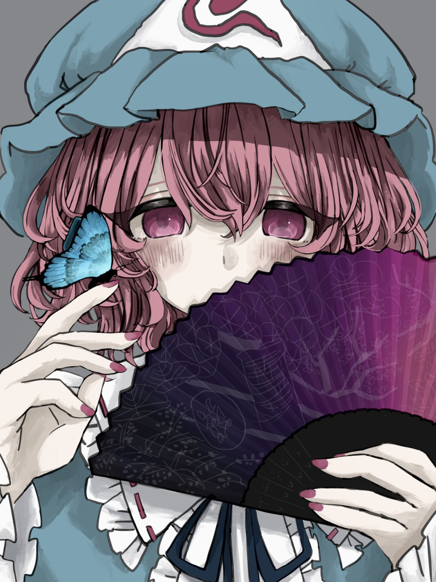 1girl blue_butterfly blue_headwear blue_shirt bug butterfly commentary_request folding_fan frilled_shirt_collar frilled_sleeves frills grey_background hair_between_eyes hand_fan hat highres long_bangs long_sleeves looking_at_viewer mehitsuji mob_cap neck_ribbon pink_eyes pink_hair ribbon ribbon-trimmed_collar ribbon_trim saigyouji_yuyuko saigyouji_yuyuko's_fan_design shirt short_hair simple_background solo touhou triangular_headpiece upper_body
