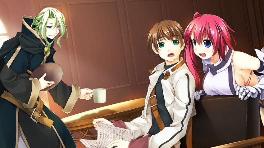 1girl 2boys alto_travers atelier-moo bare_shoulders blue_eyes breasts brown_hair cloak closed_mouth cup detached_sleeves green_eyes green_hair hair_between_eyes large_breasts long_hair long_sleeves merak_yildis multiple_boys open_mouth pink_hair redhead short_hair side_ponytail sideboob sleeveless smile spica_celest standing wizards_symphony