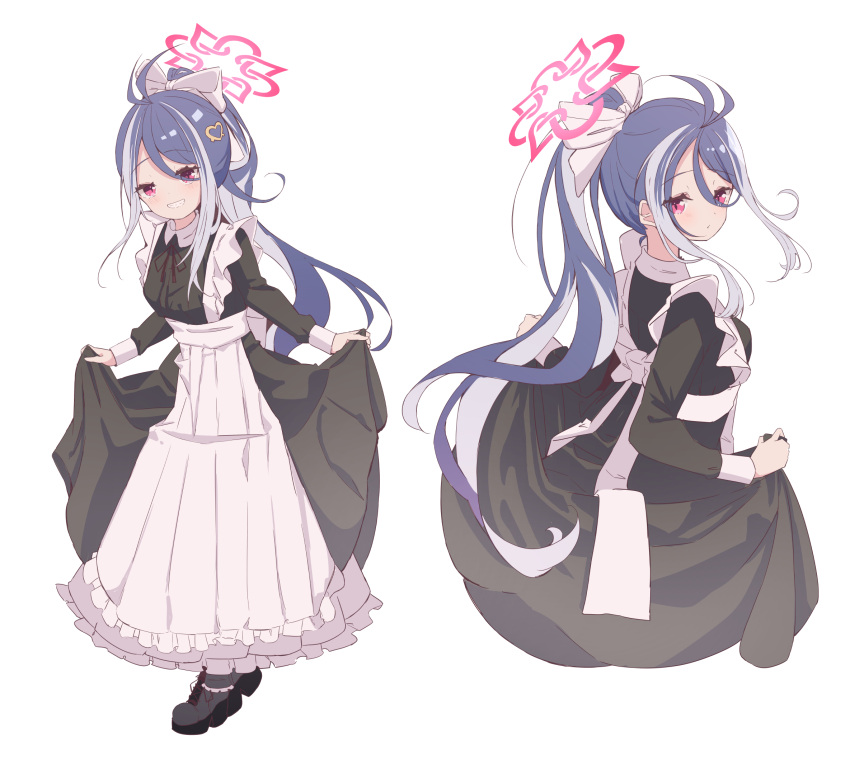 1girl alternate_costume apron black_dress black_footwear blue_archive blue_hair blush boots dress enmaided fubuki_(blue_archive) full_body grey_hair halo highres kanikama_acedia long_hair long_sleeves maid maid_apron multicolored_hair multiple_views pink_halo red_eyes simple_background white_apron white_background