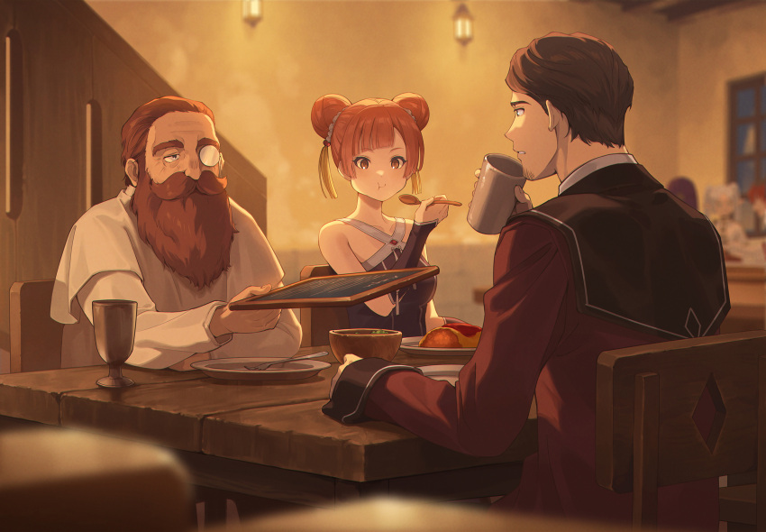 3boys 3girls :t beard black_eyes blurry bowl brown_eyes brown_hair commentary_request cup denken_(sousou_no_frieren) depth_of_field double_bun eating facial_hair fern_(sousou_no_frieren) food fork frieren full_beard hair_bun hair_ornament highres holding holding_cup holding_menu holding_spoon indoors laufen_(sousou_no_frieren) looking_at_another menu monocle multiple_boys multiple_girls mustache old old_man omelet opaque_monocle orange_hair plate richter_(sousou_no_frieren) short_hair sitting sousou_no_frieren spoon stark_(sousou_no_frieren) tassel tassel_hair_ornament wooden_bowl zinnkousai3850