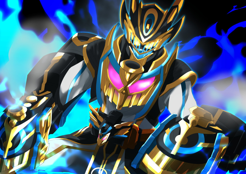 1boy absurdres armor aura black_armor blue_fire bodysuit driver_(kamen_rider) fiery_background fire gauntlets gloves glowing glowing_eyes gold_trim gotcha_driver highres kamen_rider kamen_rider_gotchard kamen_rider_gotchard_(series) kamen_rider_iron_gotchard living_clothes locomotive loincloth male_focus miyabi_(037) outstretched_arms power_armor rider_belt solo spread_arms steam steam_locomotive tenliner tokusatsu violet_eyes white_bodysuit yellow_eyes