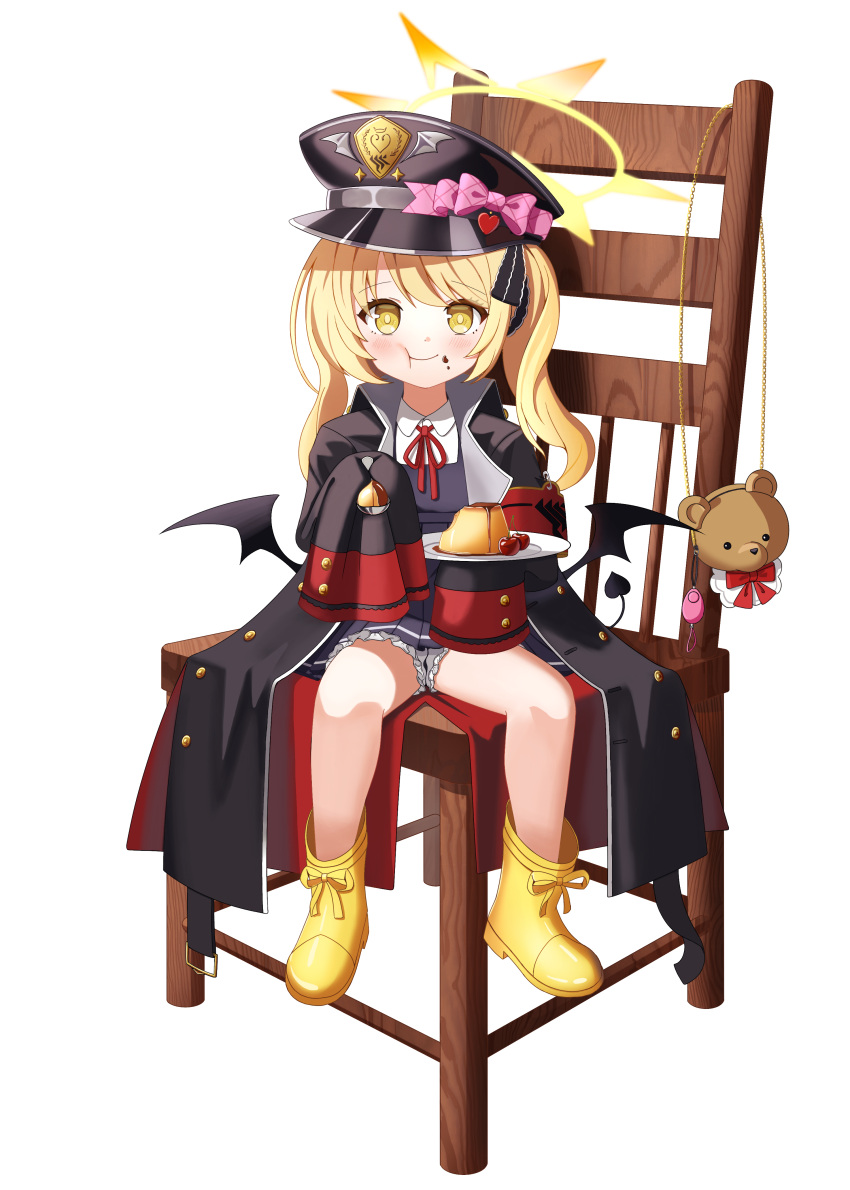 1girl absurdres black_coat black_dress black_headwear black_tail black_wings blonde_hair blue_archive blush boots chair closed_mouth coat collared_shirt demon_tail demon_wings dress eating emdo52 food food_on_face halo hat highres holding holding_spoon ibuki_(blue_archive) long_hair looking_at_viewer open_clothes open_coat peaked_cap puddle shirt side_ponytail simple_background sitting sleeves_past_fingers sleeves_past_wrists smile solo spoon tail white_background white_shirt wings yellow_eyes yellow_footwear yellow_halo