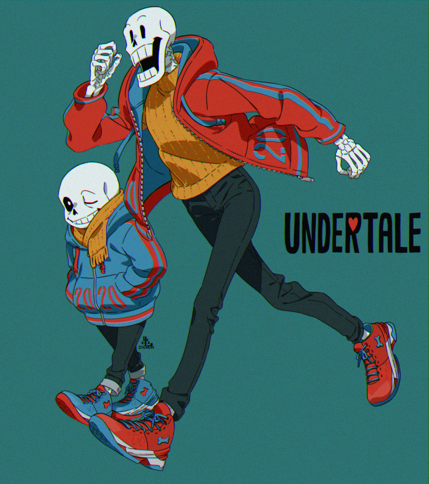 2boys alternate_costume black_pants blue_background blue_footwear blue_jacket brothers cel_shading copyright_name denim drawstring film_grain from_side full_body grin hand_up hands_in_pockets highres hood hood_down hooded_jacket jacket jeans kamezaemon male_focus multiple_boys one_eye_closed open_clothes open_jacket open_mouth pants papyrus_(undertale) red_footwear red_jacket sans scarf shoes siblings simple_background skeleton smile sneakers solid_oval_eyes sweater two-sided_fabric undertale walking yellow_scarf yellow_sweater