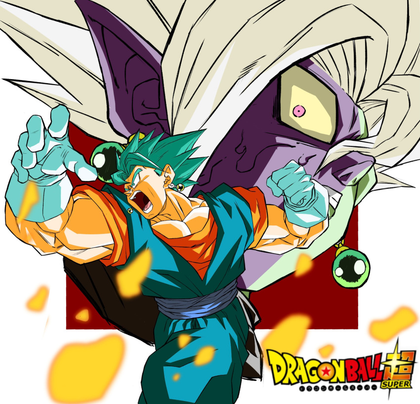 2boys blue_eyes blue_hair blue_sash clenched_hand collarbone colored_sclera colored_skin copyright_name dougi dragon_ball dragon_ball_super earrings fused_zamasu gloves green_hair hair_between_eyes highres jewelry looking_at_viewer male_focus melting multicolored_skin multiple_boys muscular muscular_male nostrils oharu2000 open_mouth orange_shirt pointy_ears potara_earrings purple_skin sash shirt simple_background spiky_hair super_saiyan super_saiyan_blue vegetto violet_eyes white_gloves white_hair yellow_sclera zamasu