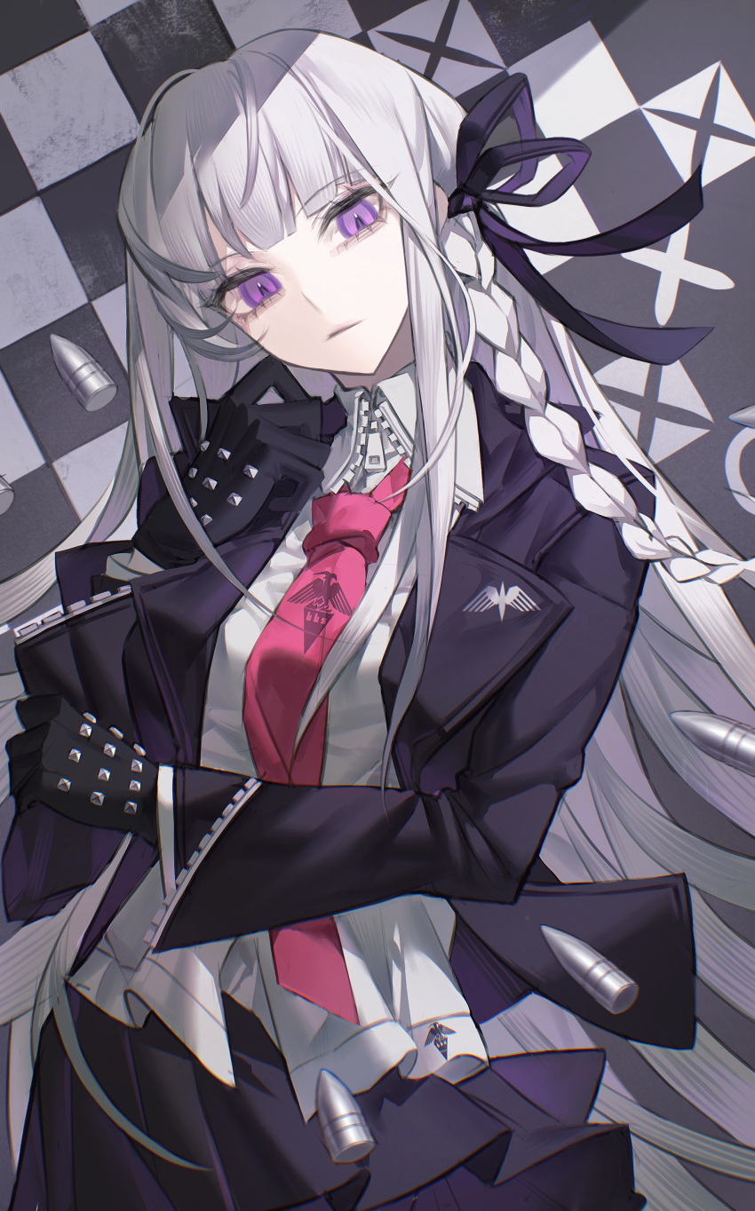1girl absurdres arm_across_waist black_gloves blunt_bangs braid bullet checkered_background chinese_commentary commentary_request cowboy_shot danganronpa:_trigger_happy_havoc danganronpa_(series) expressionless gloves hair_ribbon hand_up highres jacket kirigiri_kyoko long_hair long_sleeves looking_at_viewer necktie open_clothes open_jacket pink_necktie procreate_(medium) purple_jacket purple_skirt ribbon shirt side_braid single_braid skirt solo standing straight_hair studded_gloves violet_eyes white_hair white_shirt yi_zhen_gui_mu zipper zipper_sleeves