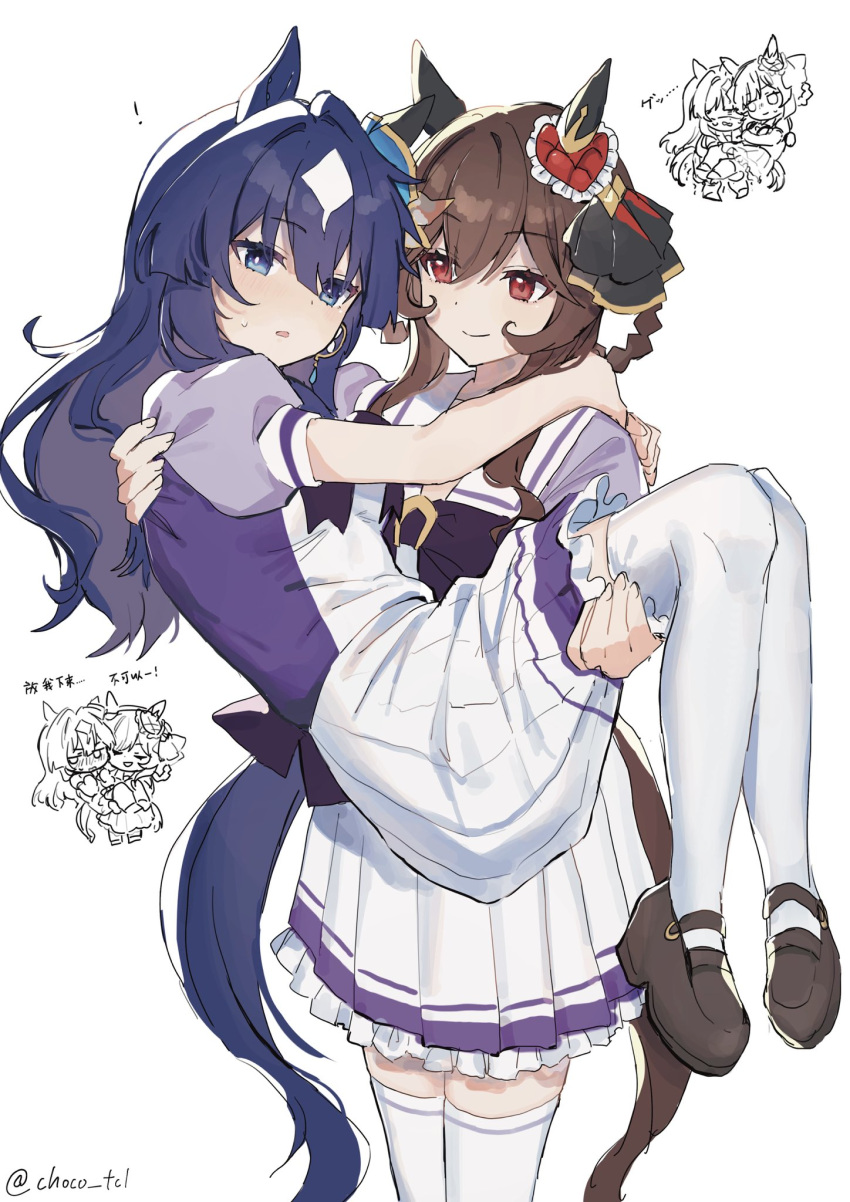 2girls animal_ears averting_eyes blue_eyes blue_hair blush bow bowtie bright_pupils brown_footwear brown_hair carrying chinese_text cho_k_(choco_tcl) commentary ear_covers ear_ornament gentildonna_(umamusume) hair_between_eyes hair_bow highres horse_ears horse_girl horse_tail loafers long_hair multicolored_hair multiple_girls pleated_skirt princess_carry puffy_short_sleeves puffy_sleeves purple_bow purple_bowtie purple_shirt red_eyes sailor_collar school_uniform shirt shoes short_sleeves sidelocks skirt summer_uniform tail thigh-highs tracen_school_uniform twitter_username two-tone_hair umamusume verxina_(umamusume) waist_bow white_hair white_sailor_collar white_skirt white_thighhighs