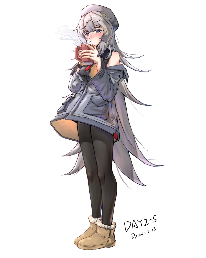 1girl :o absurdres arknights bare_shoulders beret black_pantyhose black_shirt blush breasts brown_footwear commentary_request cup dated full_body gaoling_gangqin grey_hair grey_headwear grey_jacket hat highres holding holding_cup jacket long_hair long_sleeves looking_at_viewer medium_breasts mug mulberry_(arknights) off_shoulder open_clothes open_jacket pantyhose parted_lips shirt simple_background sleeveless sleeveless_shirt solo standing steam very_long_hair violet_eyes white_background wide_sleeves