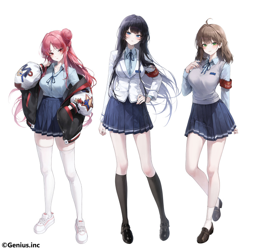 3girls absurdres ahoge armband black_hair black_socks blue_eyes blue_ribbon blue_shirt blue_skirt brown_footwear brown_hair closed_mouth cross-laced_footwear full_body green_eyes hair_bun hand_in_pocket hand_on_own_hip hand_up highres jacket kneehighs loafers long_hair looking_at_viewer madam_president:_she_is_my_boss meoyo multiple_girls official_art open_clothes open_jacket pink_hair pleated_skirt red_armband red_eyes ribbon school_uniform shirt shoes simple_background single_hair_bun skirt smile socks standing thigh-highs white_background white_footwear white_shirt white_socks white_thighhighs zettai_ryouiki