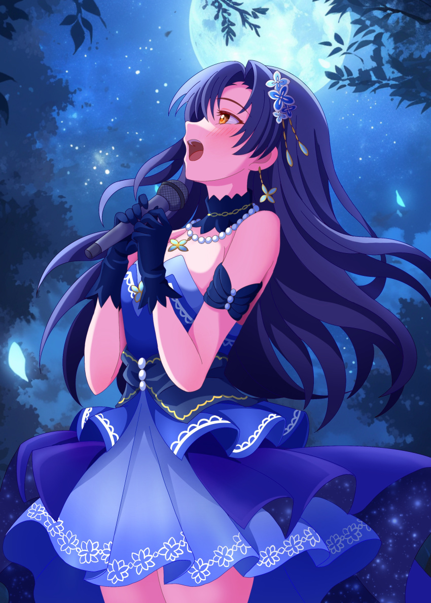 1girl absurdres blue_dress blue_gloves blue_hair blush commentary_request detached_collar dress eyelashes flower full_moon gloves hair_flower hair_ornament highres holding holding_microphone idolmaster idolmaster_(classic) jewelry kisaragi_chihaya long_hair looking_ahead microphone moon music necklace night night_sky open_mouth outdoors pearl_necklace petals print_dress raby_vivid singing sky solo star_(sky) starry_sky teeth thighs tree upper_teeth_only yellow_eyes