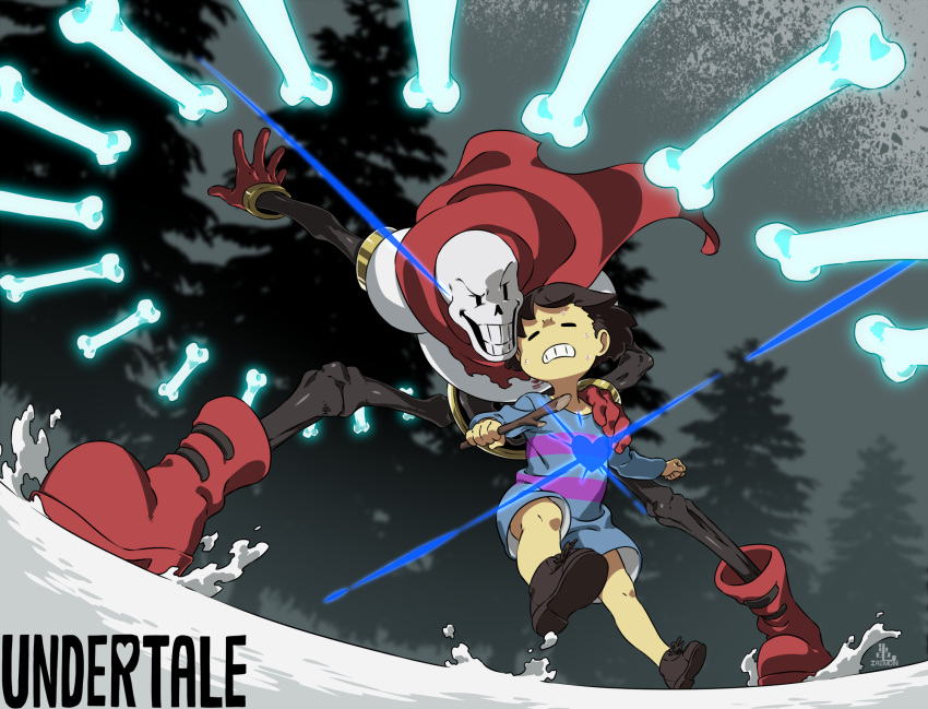 1boy 1other =_= androgynous ankle_boots blurry blurry_background bone boots brown_footwear brown_hair cape cel_shading child clenched_teeth copyright_name dutch_angle floating floating_object frisk_(undertale) full_body gloves glowing grin hand_on_another's_shoulder highres holding holding_stick kamezaemon leg_up legs_apart outdoors papyrus_(undertale) pine_tree raised_eyebrow red_cape red_footwear red_gloves romper shoes short_hair skeleton smile snow solid_oval_eyes standing stick sweat teeth tree undertale