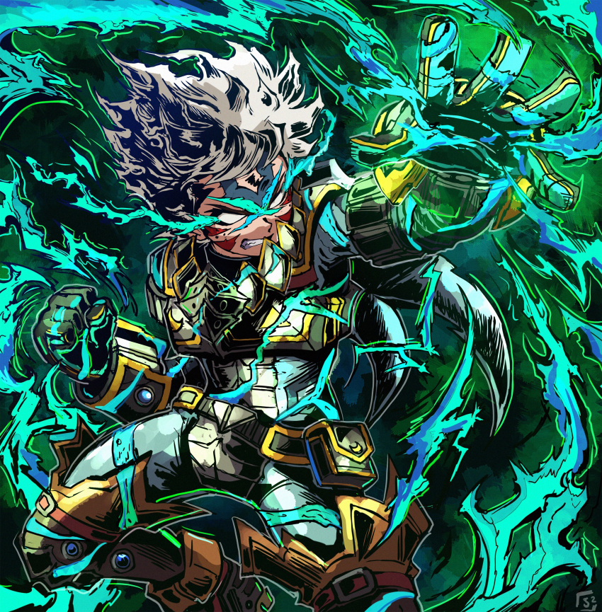 alternate_color alternate_costume alternate_eye_color alternate_hair_color angry armor aura belt belt_pouch blue_gemstone boku_no_hero_academia boots clenched_hand clenched_teeth coat corruption crescent crossover dark_persona facial_tattoo fierce_deity fire gem gloves glowing glowing_hand highres knee_up leg_up looking_to_the_side midoriya_izuku nintendo no_pupils possessed pouch reaching reaching_towards_viewer short_hair stoic_seraphim tattoo teeth the_legend_of_zelda the_legend_of_zelda:_majora's_mask triangle white_eyes white_hair wrist_guards x