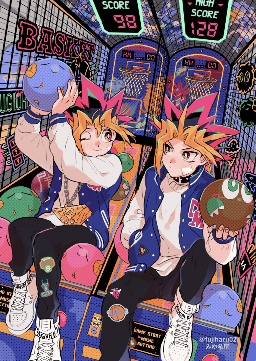 2boys arcade ball basketball basketball_hoop black_pants blue_jacket chain_necklace character_request foot_out_of_frame fujiharu_(akamine) highres holding holding_ball indoors jacket jewelry kuriboh male_focus multicolored_hair multiple_boys mutou_yuugi necklace pants sitting spiky_hair sticker twitter_username white_footwear white_sneakers yami_yuugi yu-gi-oh! yu-gi-oh!_duel_monsters