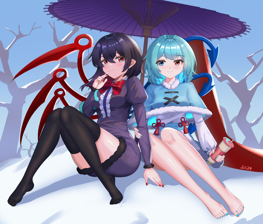 2girls absurdres asymmetrical_wings bare_tree barefoot black_hair black_thighhighs blue_eyes blue_hair blue_nails blue_skirt blue_sky blue_wings blush bow bowtie breasts bubble_tea buttons capelet center_frills clear_sky closed_mouth commentary_request dress frills full_body fur-trimmed_capelet fur-trimmed_skirt fur_trim grey_dress hair_between_eyes heterochromia highres houjuu_nue juliet_sleeves karakasa_obake long_bangs long_sleeves looking_at_viewer medium_bangs medium_breasts medium_hair multiple_girls nail_polish no_shoes pointy_ears puffy_sleeves purple_umbrella qinyuzhen red_bow red_bowtie red_eyes red_wings shirt short_dress short_sleeves sitting skirt sky smile snow tatara_kogasa thigh-highs toenail_polish toenails tongue touhou tree umbrella white_capelet white_shirt wings