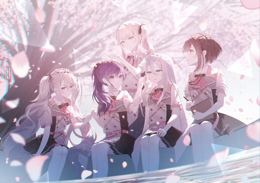 25-ji_nightcord_de._(project_sekai) 5girls :o absurdres akiyama_mizuki asahina_mafuyu bare_legs blue_eyes brown_eyes brown_hair buttons cherry_blossoms chromatic_aberration clipboard closed_mouth day falling_petals flower flower_wreath grey_eyes hair_between_eyes hand_up hatsune_miku head_wreath highres holding holding_clipboard howless light_particles long_hair looking_at_another multiple_girls outdoors parted_lips petals pink_eyes pink_hair pink_theme profile project_sekai purple_hair shinonome_ena short_hair side_ponytail sidelocks sitting smile soaking_feet tree triangle twintails uniform violet_eyes water white_flower white_hair yoisaki_kanade