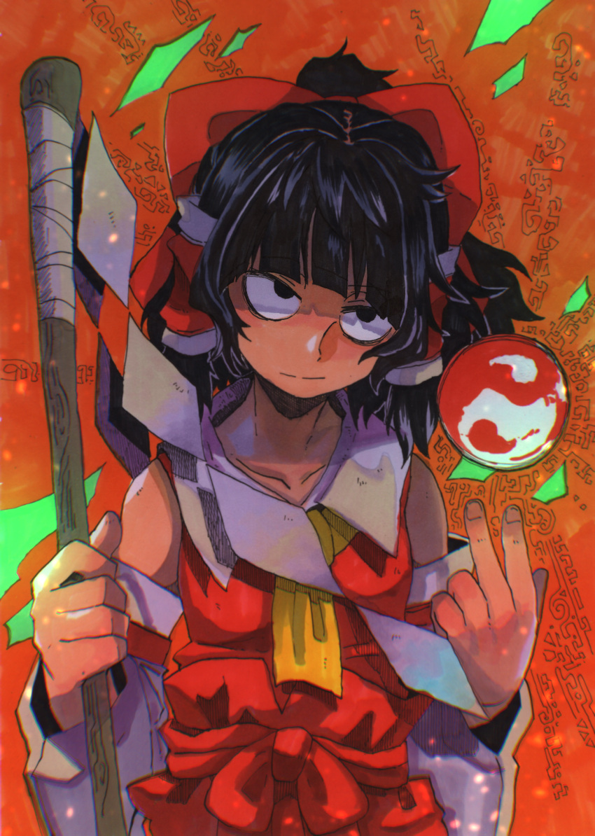 1girl ascot bandages black_eyes black_hair blunt_bangs bow breasts closed_mouth collared_vest dark-skinned_female dark_skin detached_sleeves gohei hair_bow hair_tubes hakurei_reimu head_tilt highres holding holding_gohei inuyama_konan looking_at_viewer medium_hair no_pupils orange_background orb pants red_bow red_pants red_vest sanpaku shide small_breasts solo touhou upper_body v vest white_sleeves yellow_ascot