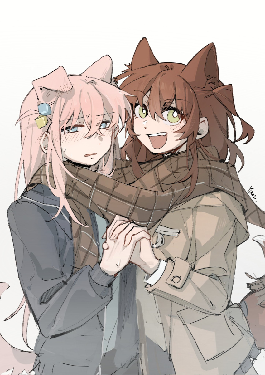 2girls black_jacket blue_eyes blush bocchi_the_rock! bright_pupils brown_coat brown_scarf chinese_commentary coat commentary_request cube_hair_ornament dog_girl dog_tail gotoh_hitori green_eyes hair_ornament highres holding_hands interlocked_fingers jacket kemonomimi_mode kita_ikuyo long_hair looking_at_viewer multiple_girls one_side_up open_mouth parted_lips pink_hair plaid plaid_scarf redhead scarf shared_clothes shared_scarf simple_background smile sweatdrop tail upper_body white_background white_pupils yanlingjinshilihuahua yuri