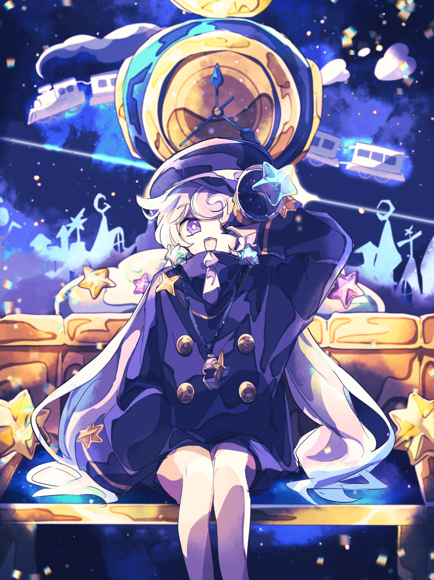 1girl absurdres arm_at_side bench bright_pupils buttons coat colored_skin cookie_run double-breasted highres holding holding_telescope humanization long_hair long_sleeves low_twintails milky_way_cookie necktie on_bench open_mouth outdoors oversized_clothes oversized_shirt purple_coat shirt sitting smile solo space star_(symbol) telescope train twintails user_mjvp7882 violet_eyes white_hair white_necktie white_pupils white_skin