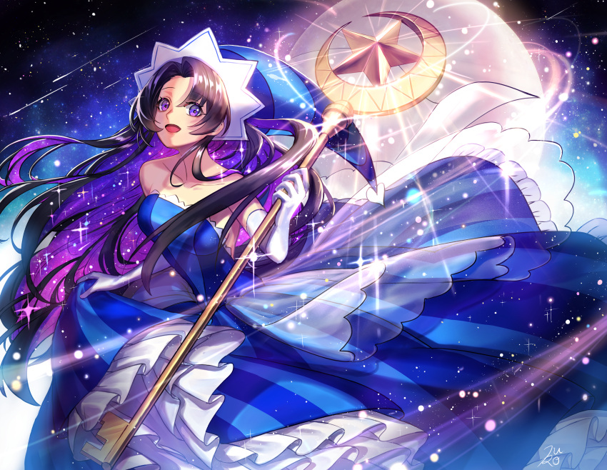 1girl absurdres bare_shoulders black_hair blue_dress blue_headwear collarbone colored_inner_hair cookie_run crescent dress elbow_gloves frilled_dress frills gloves hat highres holding holding_staff humanization kuro_(ning2763) long_hair moonlight_cookie multicolored_hair open_mouth parted_bangs purple_hair see-through sleeveless sleeveless_dress smile solo space staff star_(symbol) striped_clothes striped_dress striped_headwear violet_eyes wavy_hair white_gloves witch_hat