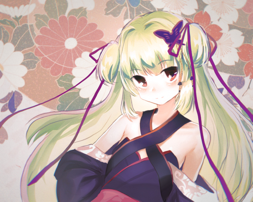 1girl armpit_crease arms_at_sides bare_shoulders blue_kimono blunt_bangs blunt_ends blush breasts butterfly_hair_ornament chinese_commentary closed_mouth commentary criss-cross_halter floral_background green_hair hair_intakes hair_ornament hair_ribbon halterneck highres hime_cut japanese_clothes kimono long_hair long_ribbon looking_at_viewer murasame_(senren) purple_ribbon red_eyes ribbon senren_banka shui_she sidelocks small_breasts smile solo split_mouth two_side_up upper_body very_long_hair wide_sleeves
