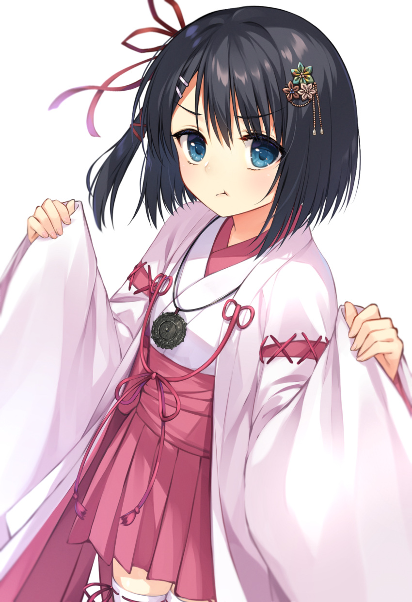1girl :t angry blue_eyes blunt_ends blurry blush bob_cut closed_mouth cofetaru commentary cowboy_shot depth_of_field dracu-riot! eyelashes fingernails flower hair_between_eyes hair_flower hair_ornament hair_ribbon hairclip hakama hakama_short_skirt hakama_skirt hands_up highres japanese_clothes kimono lips looking_at_viewer medium_hair mera_azusa miko miniskirt one_side_up pleated_skirt pout red_hakama red_ribbon red_tassel ribbon ribbon-trimmed_thighhighs simple_background skirt sleeves_past_wrists solo standing thigh-highs upturned_eyes v-shaped_eyebrows w_arms white_background white_kimono white_thighhighs wide_sleeves zettai_ryouiki