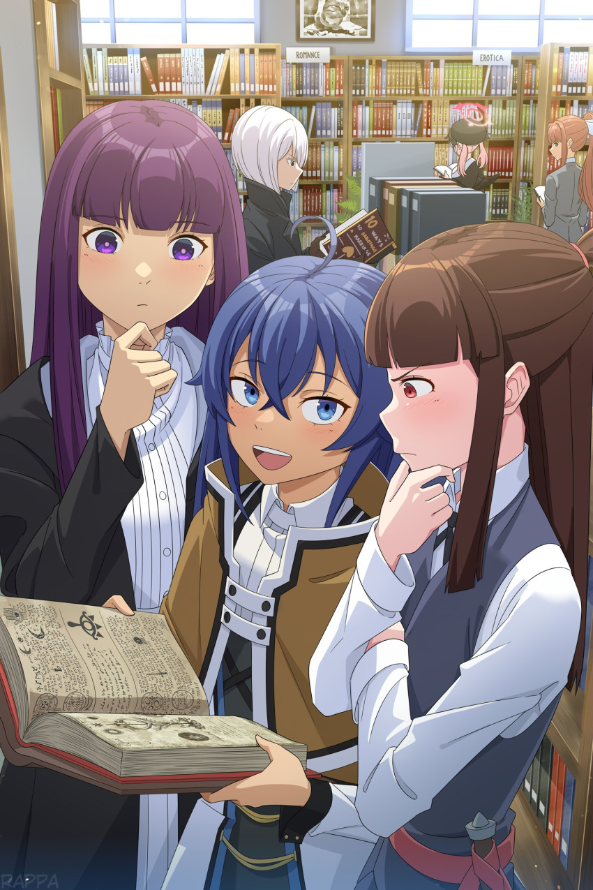 6+girls :d beret black_coat blue_archive blue_eyes blue_hair book bookshelf bow brown_cape brown_hair cape coat commentary crossed_bangs crossover doki_doki_literature_club dress english_commentary fern_(sousou_no_frieren) fiona_frost green_eyes grey_jacket grimoire halo hand_on_own_chin hat head_wings highres holding holding_book indoors jacket kagari_atsuko koharu_(blue_archive) library little_witch_academia long_hair long_sleeves looking_at_another looking_back luna_nova_school_uniform monika_(doki_doki_literature_club) multiple_girls mushoku_tensei open_book open_clothes open_coat pink_halo ponytail purple_hair rappa red_eyes ribbon roxy_migurdia school_uniform shirt sidelocks sleeve_cuffs smile sousou_no_frieren spy_x_family v-shaped_eyebrows violet_eyes wand white_bow white_dress white_ribbon white_shirt winged_hat wings witch