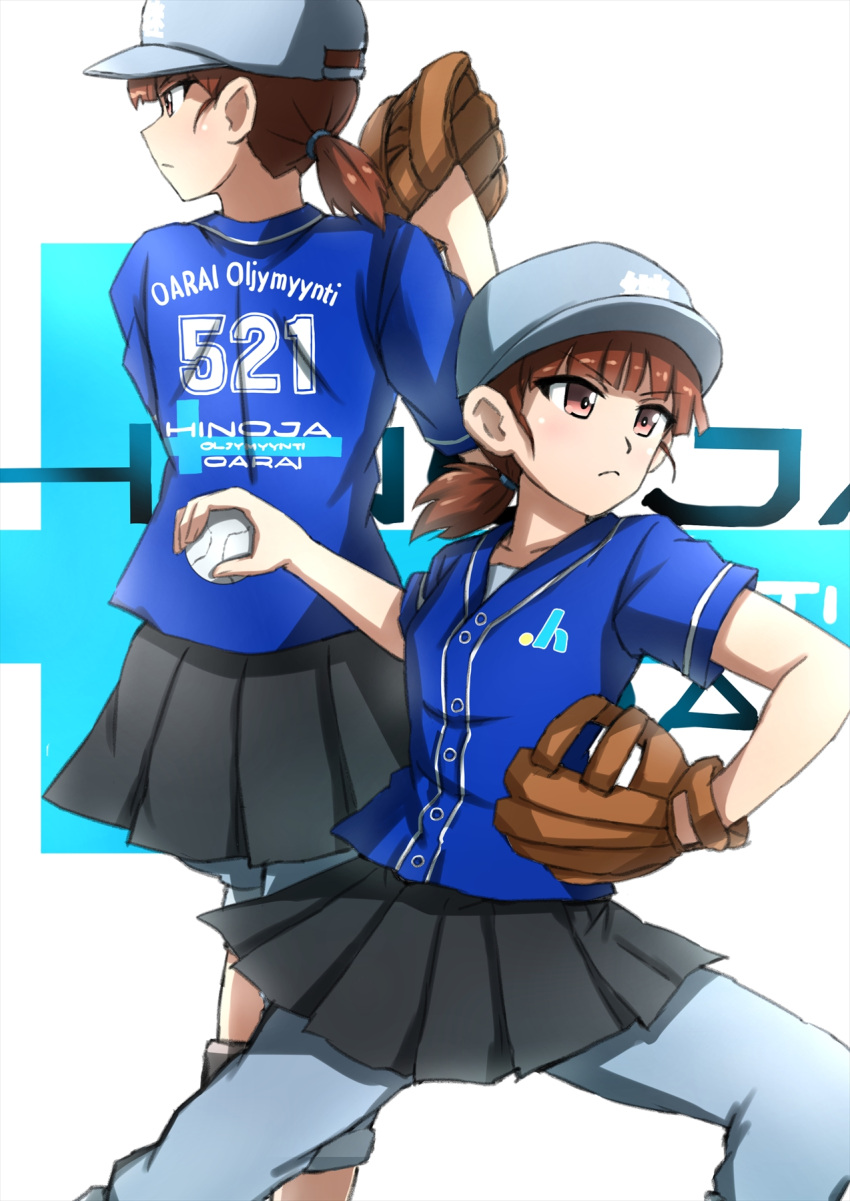 1girl ball baseball baseball_cap baseball_mitt black_skirt blue_headwear blue_pants blue_shirt blunt_bangs closed_mouth clothes_writing commentary finnish_text frown girls_und_panzer hair_tie hat highres holding holding_ball looking_to_the_side low_twintails mikko_(girls_und_panzer) omachi_(slabco) pants pants_under_skirt pleated_skirt red_eyes redhead romaji_text shirt short_hair short_sleeves short_twintails skirt standing throwing track_pants twintails
