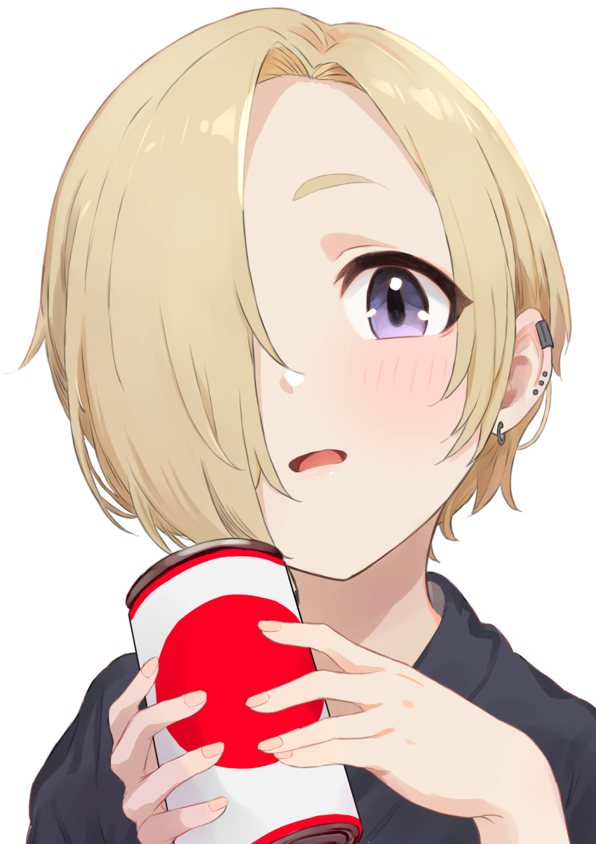 1girl black_shirt blonde_hair can commentary_request domdom ear_piercing earrings hair_over_one_eye hands_up highres holding holding_can idolmaster idolmaster_cinderella_girls jewelry looking_at_viewer parted_lips piercing portrait shirasaka_koume shirt short_hair simple_background solo violet_eyes white_background