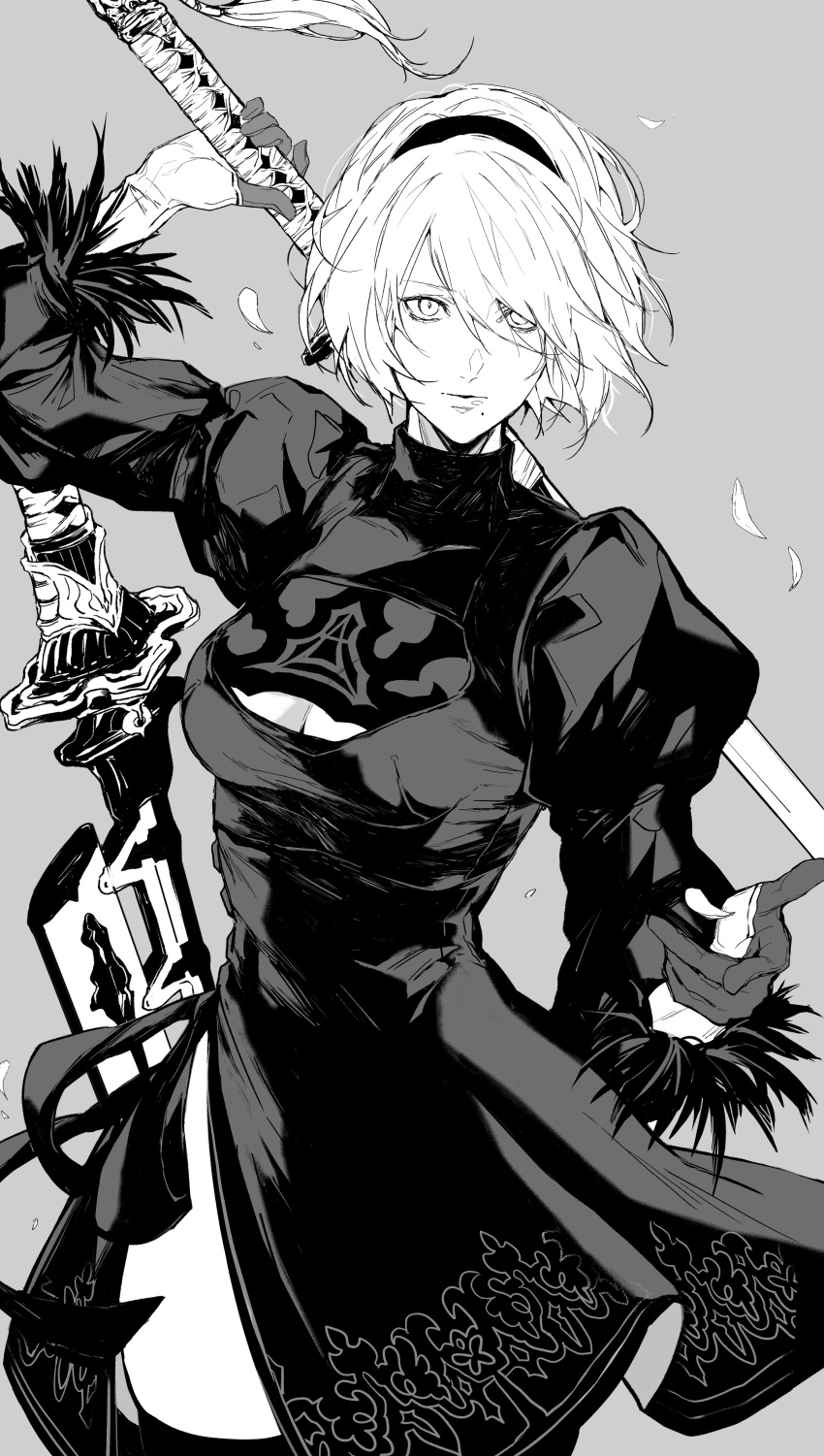 1girl 2b_(nier:automata) absurdres breasts cleavage_cutout closed_mouth clothing_cutout commentary dress feather_trim gloves grey_background greyscale hair_ornament hairband highres holding holding_sword holding_weapon katana lips long_sleeves medium_breasts mole mole_under_mouth monochrome nier:automata nier_(series) nishiii26miii petals puffy_sleeves short_hair solo sword turtleneck weapon